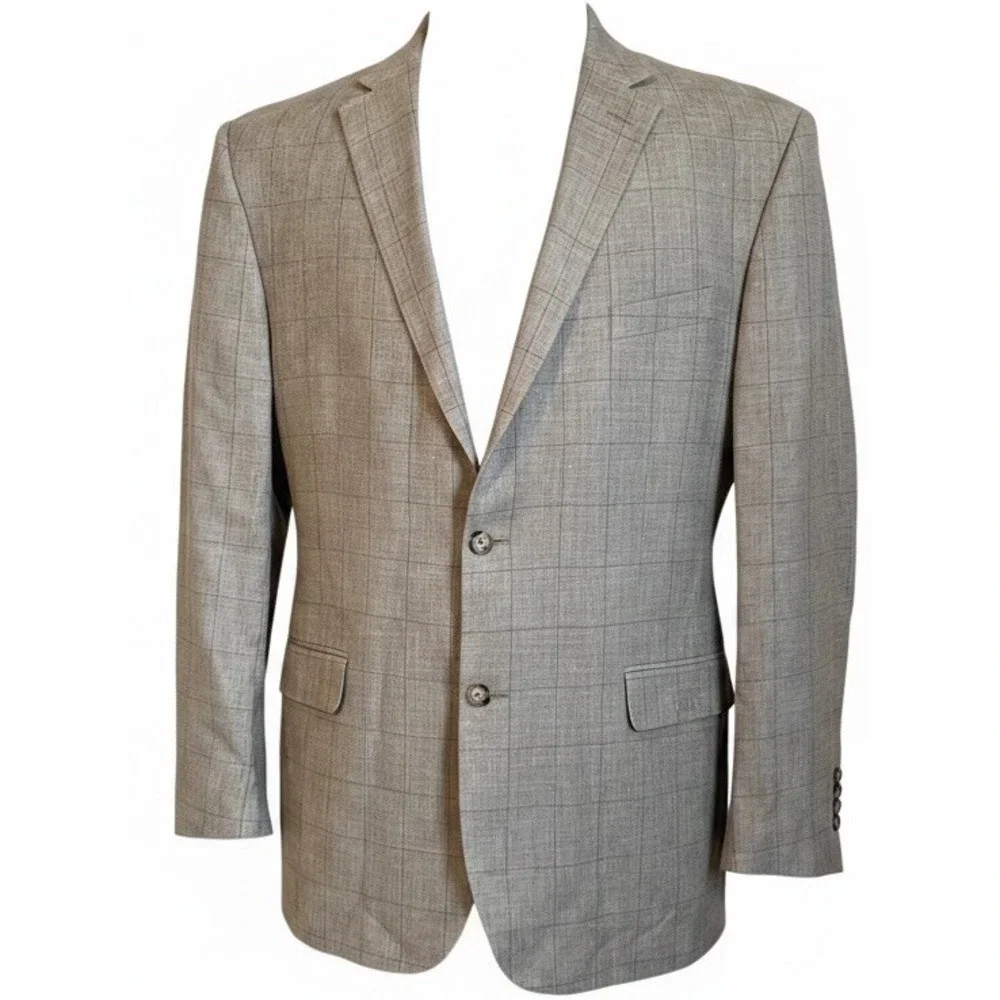 Jos A Bank Sport Coat Sz 46L Slim Beige Windowpane Plaid Silk Wool Linen Jacket